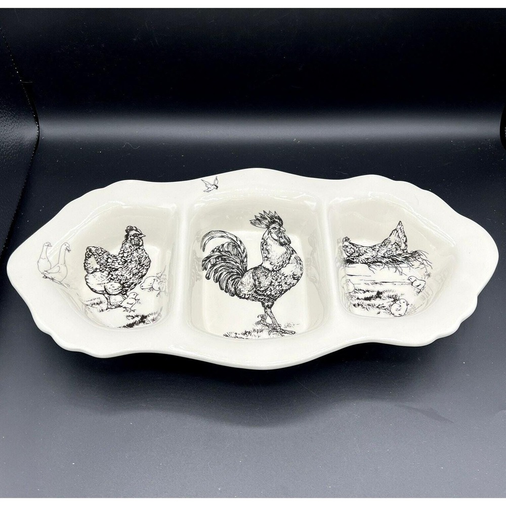 Barnyard Toile by Sadek 3-Part Divided Oval Server Platter Scalloped E. Trostli‎